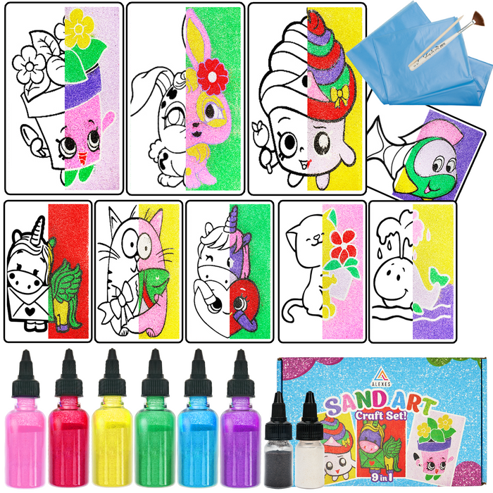 9 in 1 Sand Art Pictures Kit – Color Splash Sticker Sand Art for Kids – Fruits & Animals Theme