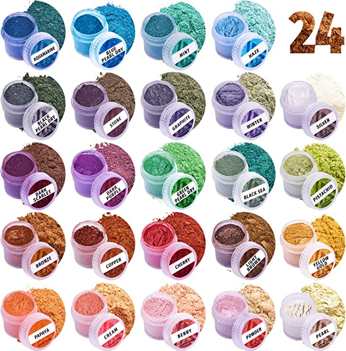 Mica Powder - 24 Colors Set 0.1 oz Jars - For Epoxy Resin, Nails, Soap Making, and Dye