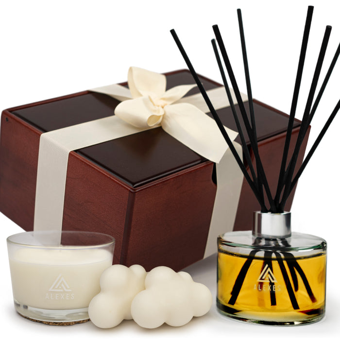 Essential Oil Diffuser Gift Set – Jasmine Reed Diffuser, Candle & Aroma Sachet – Elegant Home Fragrance Set
