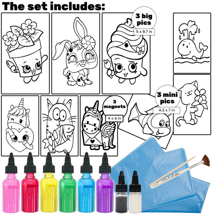 9 in 1 Sand Art Pictures Kit – Color Splash Sticker Sand Art for Kids – Fruits & Animals Theme