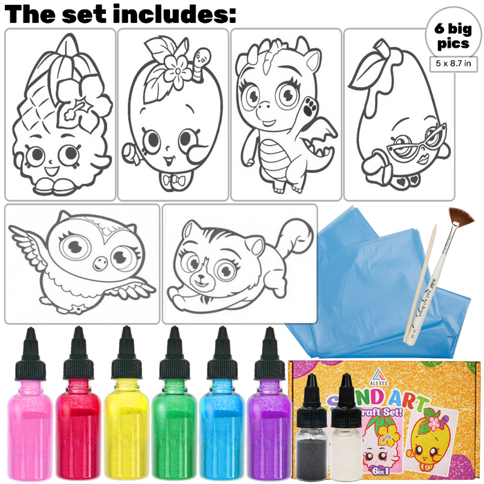 6 in 1 Sand Art Pictures – Color Splash Peel & Stick Sand Art Kit for Kids – Fruits & Animals Design