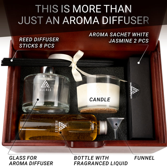Essential Oil Diffuser Gift Set – Jasmine Reed Diffuser, Candle & Aroma Sachet – Elegant Home Fragrance Set