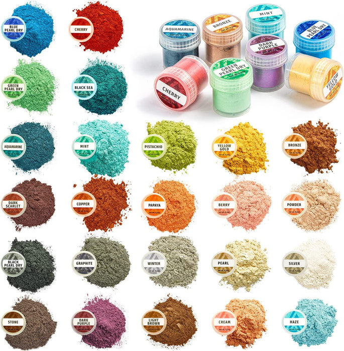 Mica Powder -  24 Colors Set Jars - For Epoxy Resin, Nails, Soap Making, and Dye