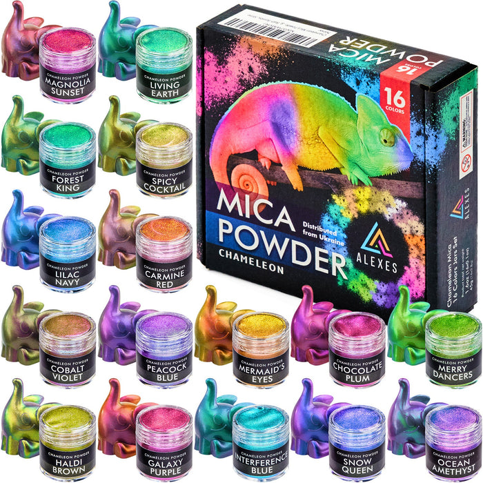 Chameleon Mica Powder - 16-Colors Set Jars 0.1 oz - For Soap Making, Epoxy Resin