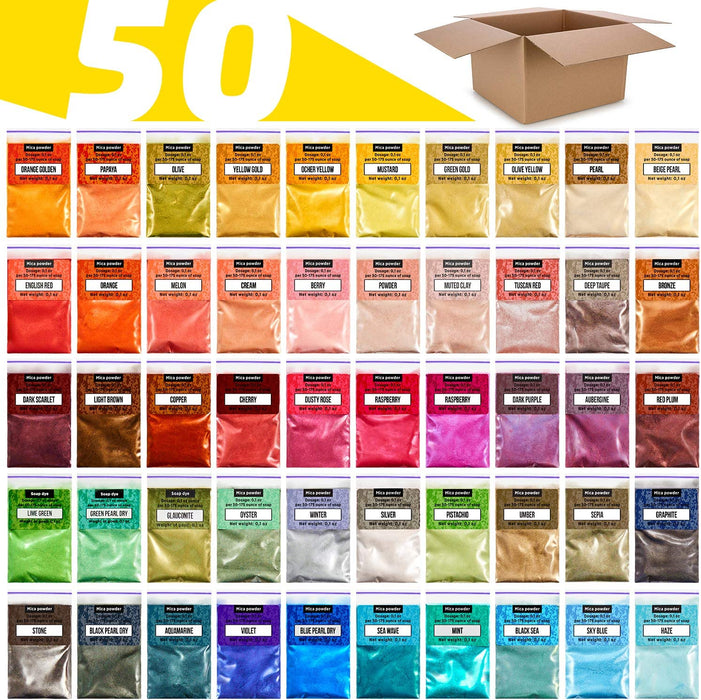 Mica Powder - 50 Colors Set - For Epoxy Resin, Nails, Soap Making, and Dye